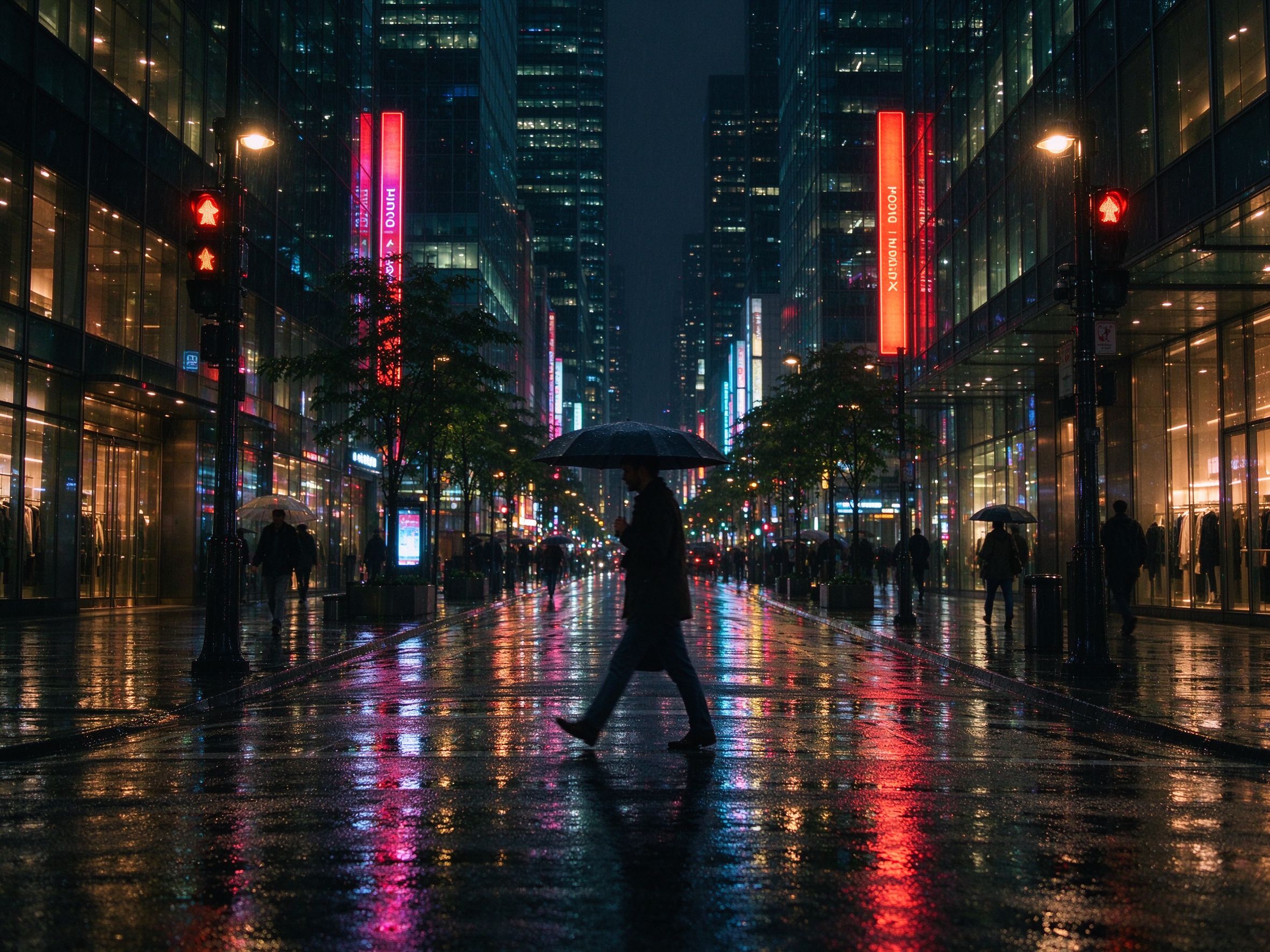 雨夜霓虹街道，撑伞行人走过湿润的路面
