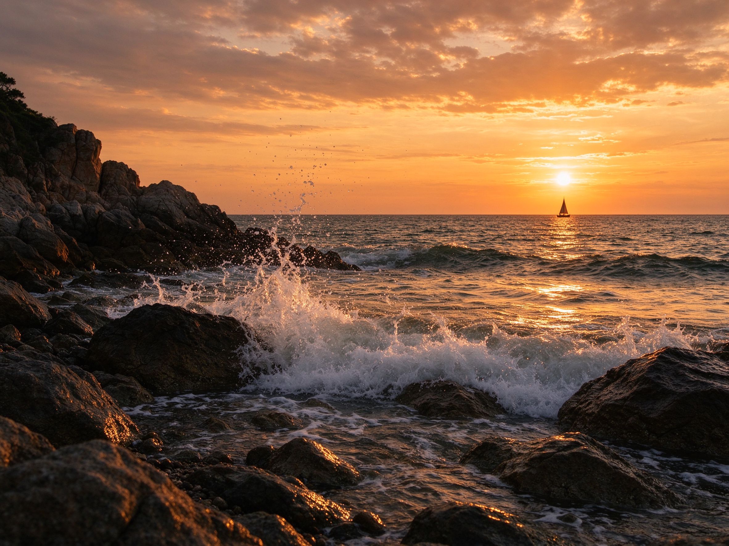 黄昏海岸礁石滩，海浪拍岸，帆船剪影在夕阳下